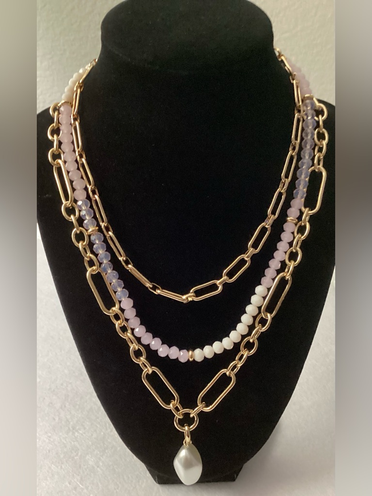 On 34th Layered Gold Chain Necklace With Pink And White Beads And Pearl Pendant